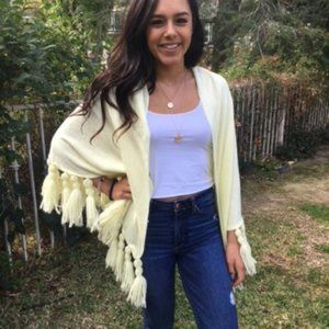 Vintage soft Pale yellow fringed shawl wrap
